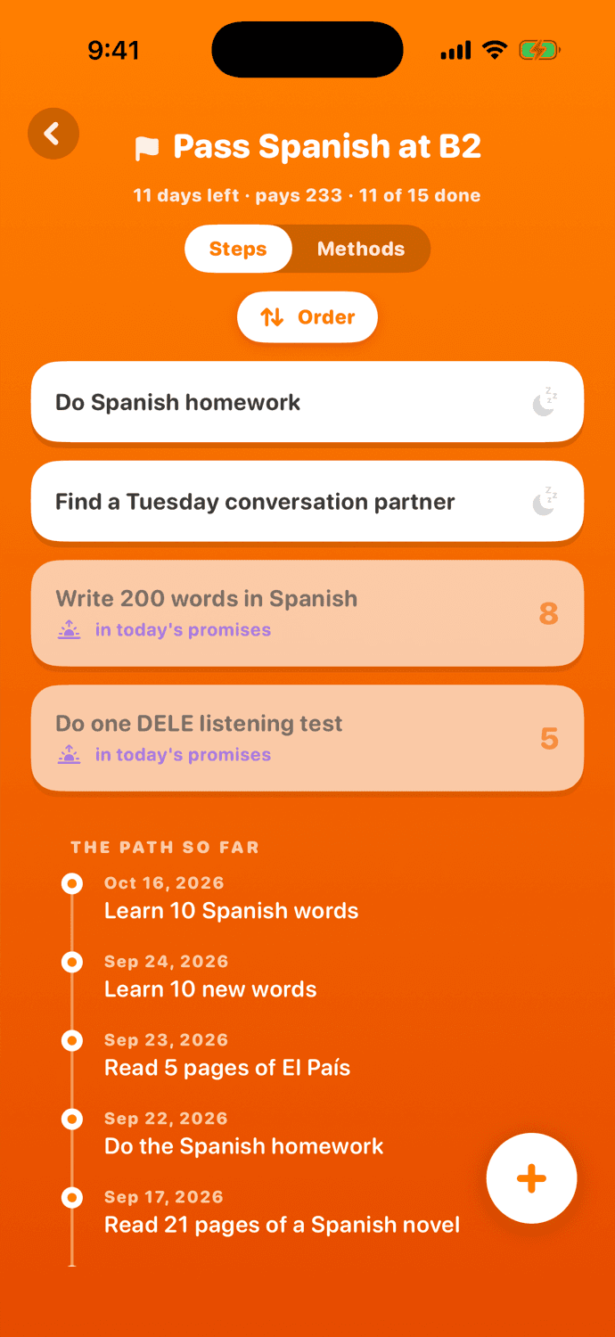Цель в todao «Pass Spanish at B2»: осталось 11 дней, сделано 11 шагов из 15, два шага в сегодняшних обещаниях и пройденный путь: каждый сделанный шаг со своей датой